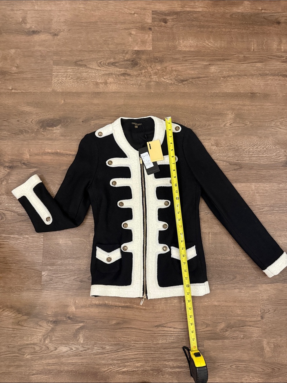 Alberto Makali Black Knit Jacket with White Trim and Gold Buttons
